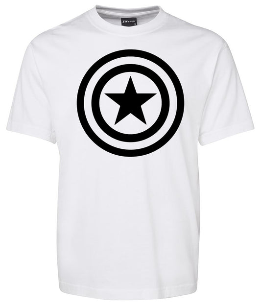 The Captain America Shield Shirt by Corsa Clothing is a white tee featuring a black circular emblem with a five-pointed star in the center, surrounded by two concentric black rings.