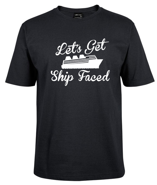 The Let's Get Ship Faced Shirt by Corsa Clothing is a black tee featuring white "Let's Get Ship Faced" text and a cruise ship illustration between the words.