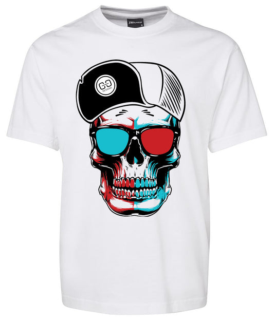 Corsa Clothing's Skull Cap Shirt: white tee featuring a bold skull graphic with a black-and-white cap and red-blue sunglasses, designed with striking black, red, and blue lines for an edgy look.