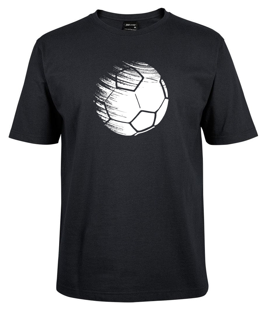 The Corsa Clothing Football Shirt is a black tee with a bold white soccer ball graphic and dynamic brushstroke motion lines on the front.
