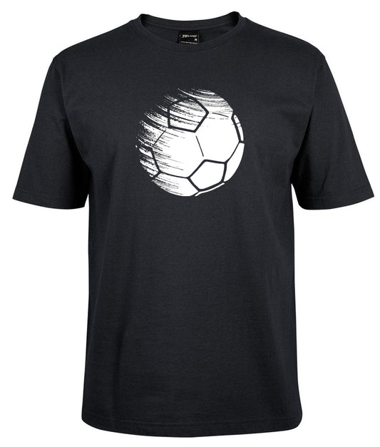 The Corsa Clothing Football Shirt is a black tee with a bold white soccer ball graphic and dynamic brushstroke motion lines on the front.