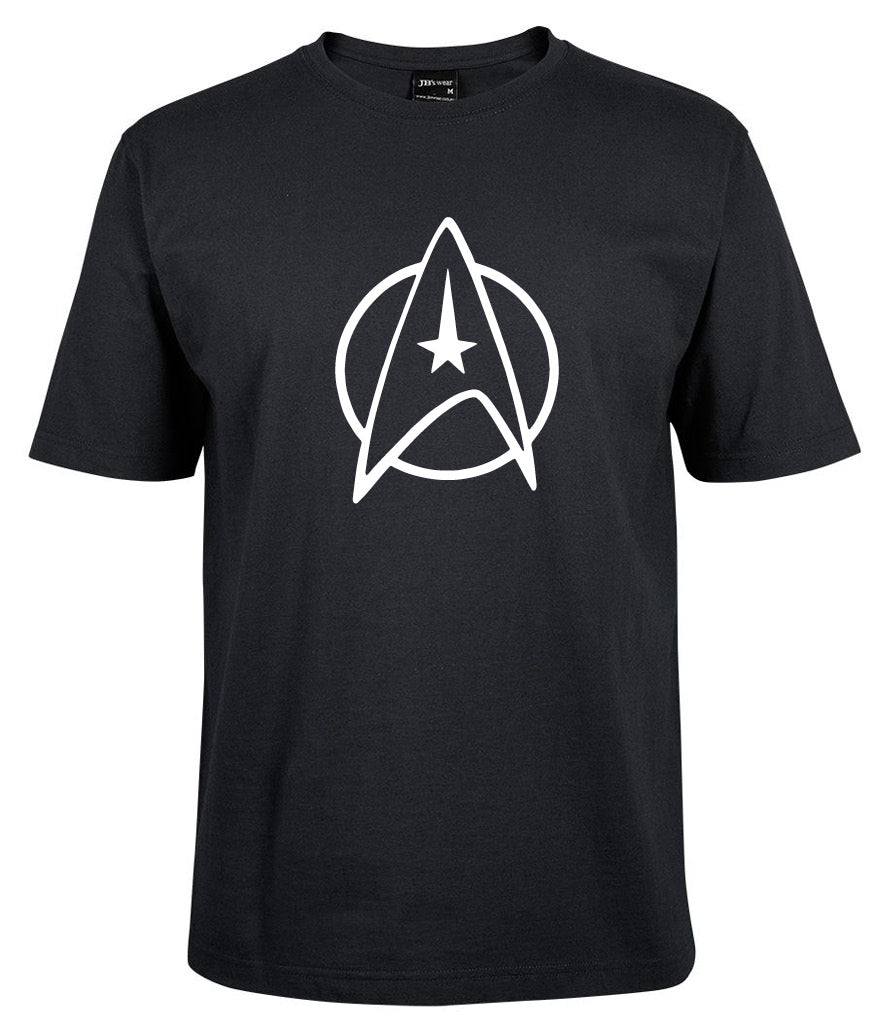 The Corsa Clothing Star Trek Shirt is a black tee featuring a bold white Starfleet insignia with a star in the center, printed on the chest.