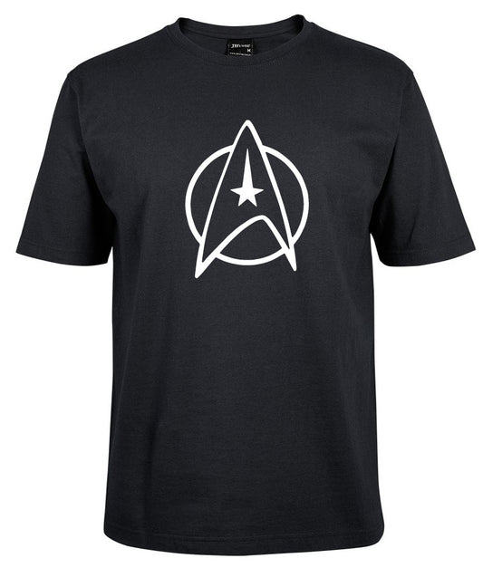 The Corsa Clothing Star Trek Shirt is a black tee featuring a bold white Starfleet insignia with a star in the center, printed on the chest.