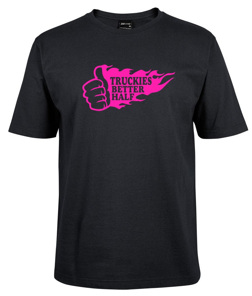 Corsa Clothing's Truchies Better Half Shirt is a black tee featuring a pink flaming thumbs-up graphic and "TRUCKIES BETTER HALF" in bold pink letters across the chest.