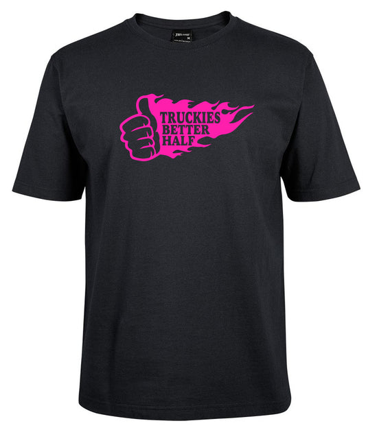 Corsa Clothing's Truchies Better Half Shirt is a black tee featuring a pink flaming thumbs-up graphic and "TRUCKIES BETTER HALF" in bold pink letters across the chest.