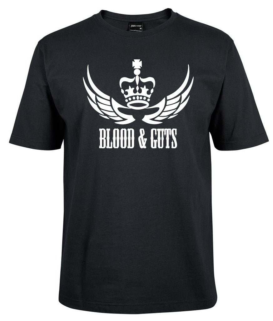 The Blood & Guts Shirt by Corsa Clothing is a black tee featuring a white winged crown graphic above bold, capitalized "BLOOD & GUTS".