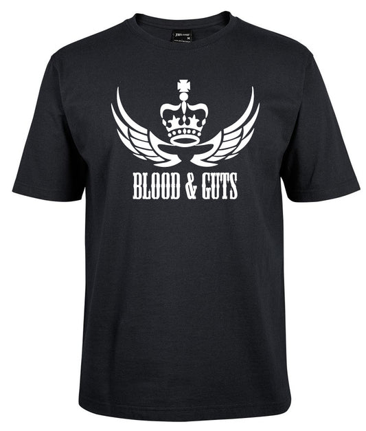The Blood & Guts Shirt by Corsa Clothing is a black tee featuring a white winged crown graphic above bold, capitalized "BLOOD & GUTS".