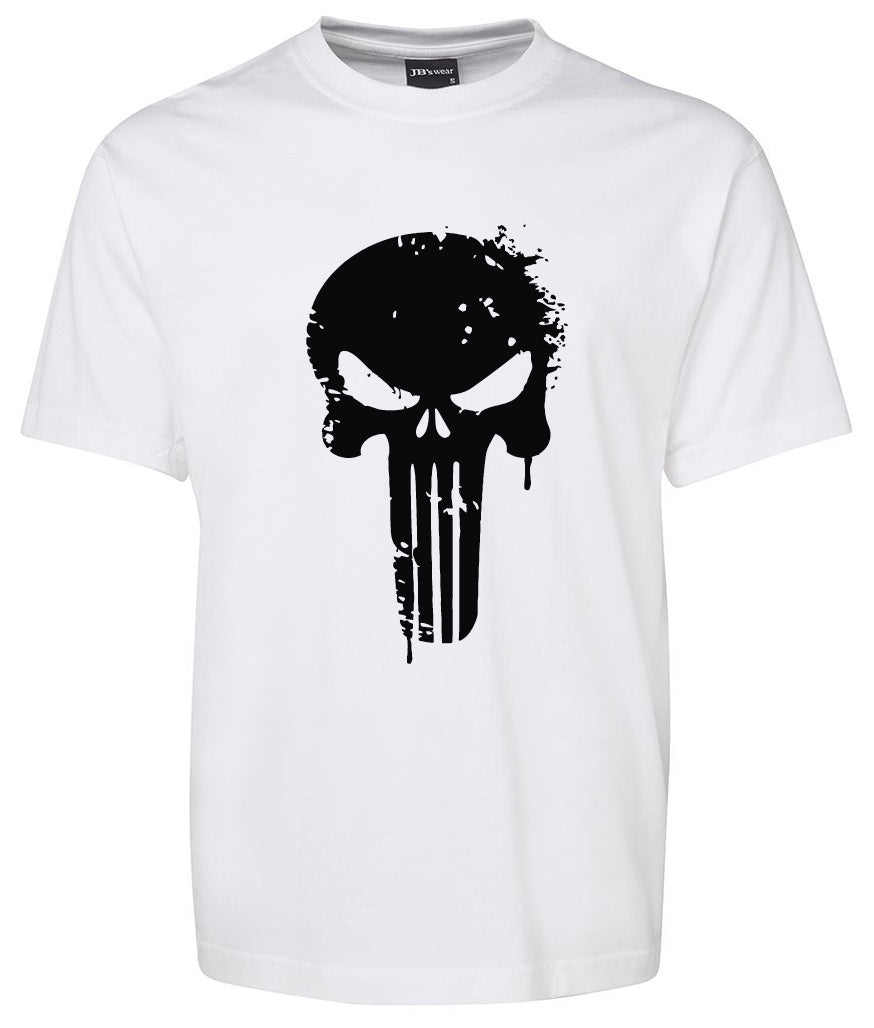 The Corsa Clothing Punisher Shirt is a white tee with a large, distressed black skull graphic on the front, featuring elongated teeth and menacing eyes.