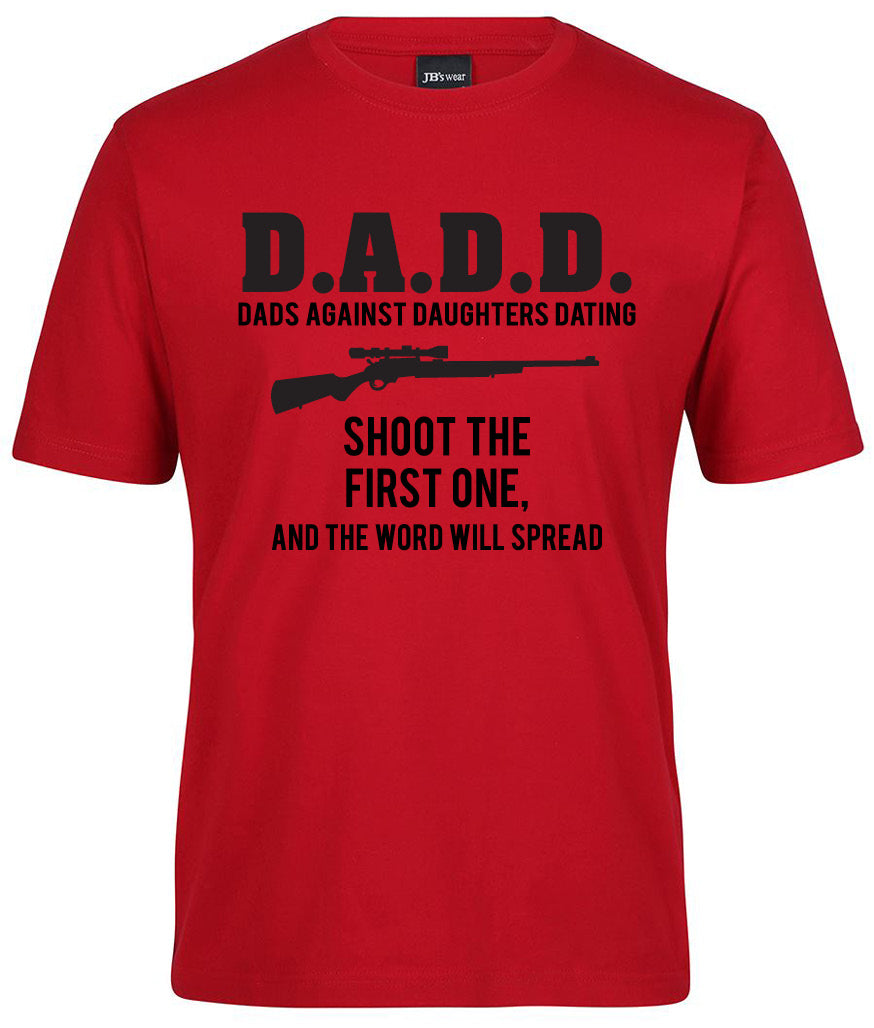 The Corsa Clothing D A D D Gun Shirt is a red tee with black text: "D.A.D.D. Dads Against Daughters Dating" above a rifle image, and "Shoot the first one, and the word will spread" below.