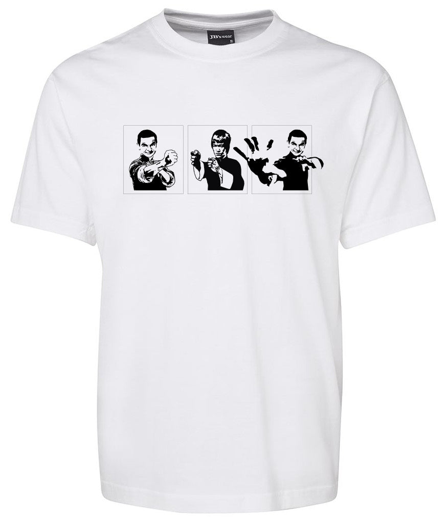 The Mr.bean + Bruce Lee Shirt by Corsa Clothing is a white tee with three black-and-white comic-style panels of a man in various martial arts poses across the chest.