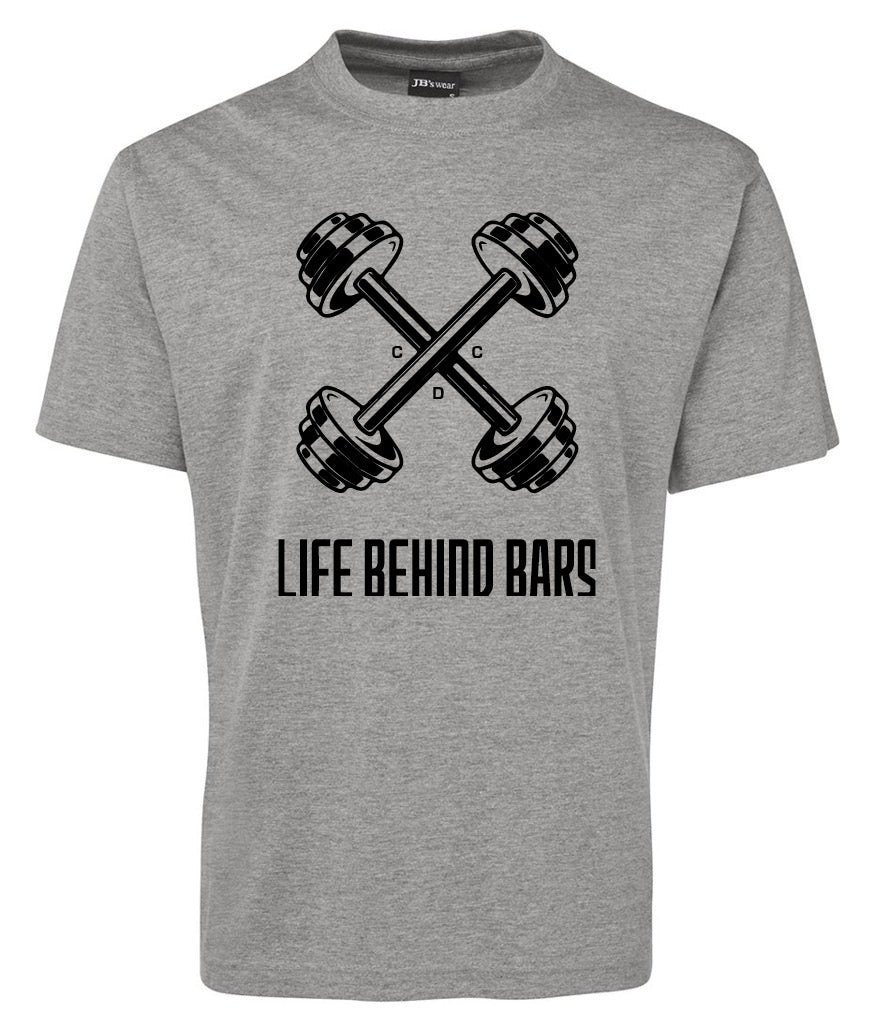 The Corsa Clothing Life Behind Bars Dumbbells shirt is a gray tee with two crossed black dumbbells and bold, capital LIFE BEHIND BARS text.