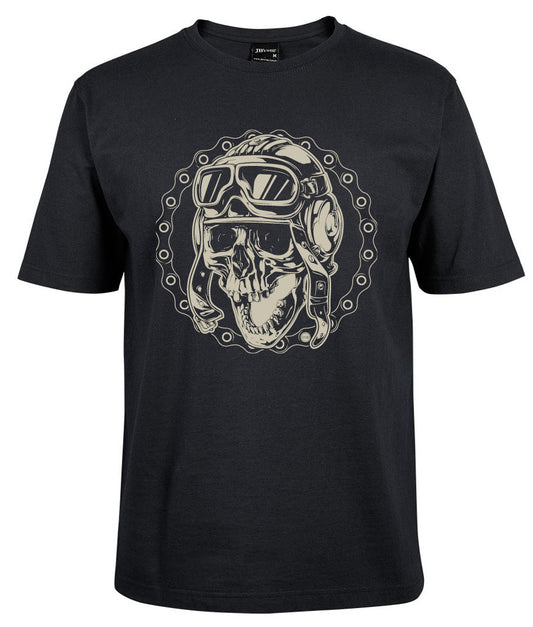 Corsa Clothing's Vintage Crazy Aviator Skull shirt in black features a front graphic of a skull with aviator goggles and helmet, surrounded by a chain design.
