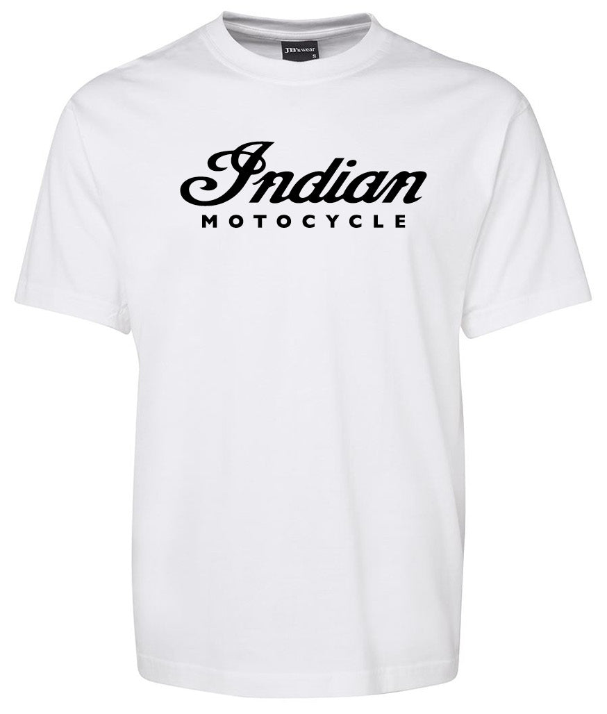The Indian Motorcycle Shirt by Corsa Clothing features "Indian" in black cursive above "MOTORCYCLE" in uppercase black letters, printed on the front of a white T-shirt.