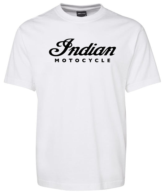 The Indian Motorcycle Shirt by Corsa Clothing features "Indian" in black cursive above "MOTORCYCLE" in uppercase black letters, printed on the front of a white T-shirt.