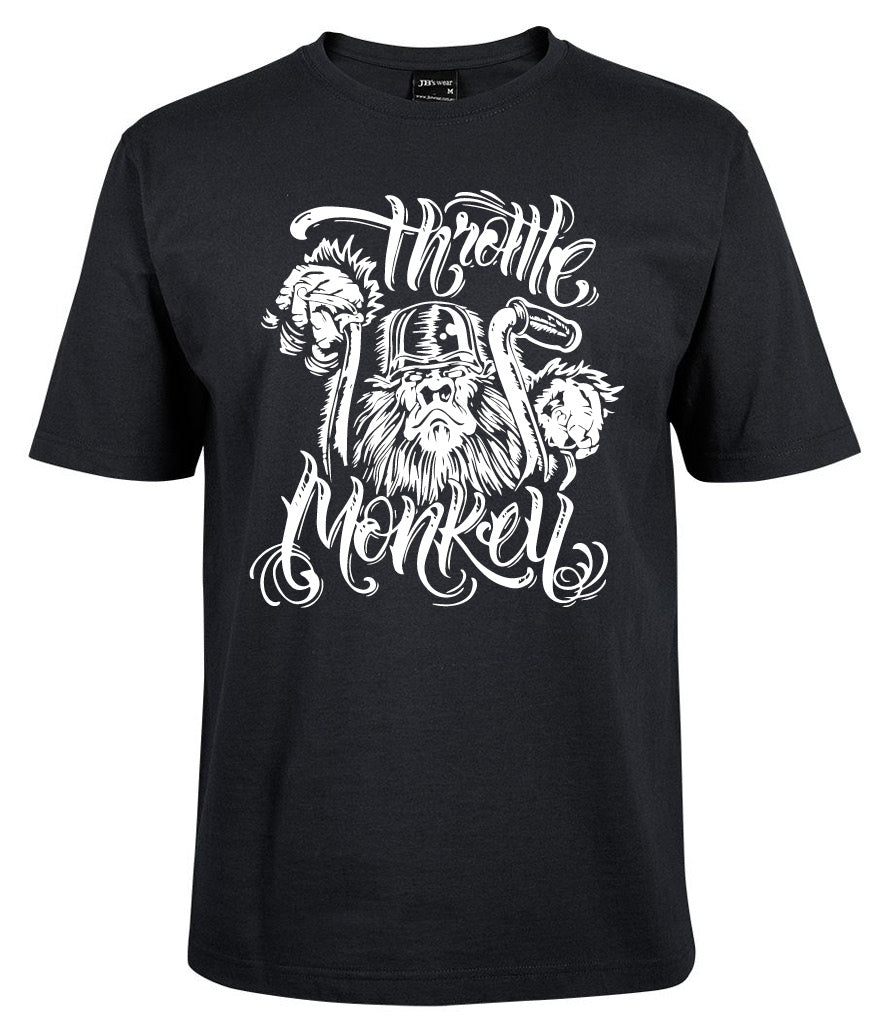 The Throttle Monkey Shirt by Corsa Clothing is a black tee with a white illustrated bearded man in a helmet between two monkeys, plus stylized "Throttle Monkey" text above and below the image.