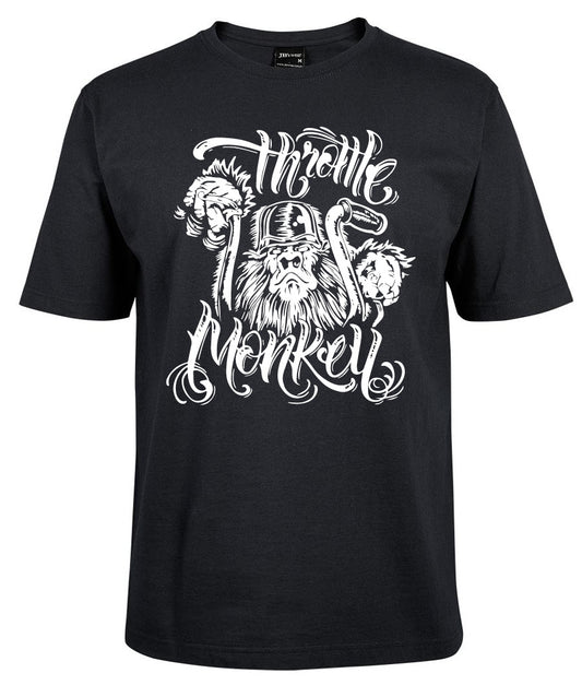 The Throttle Monkey Shirt by Corsa Clothing is a black tee with a white illustrated bearded man in a helmet between two monkeys, plus stylized "Throttle Monkey" text above and below the image.