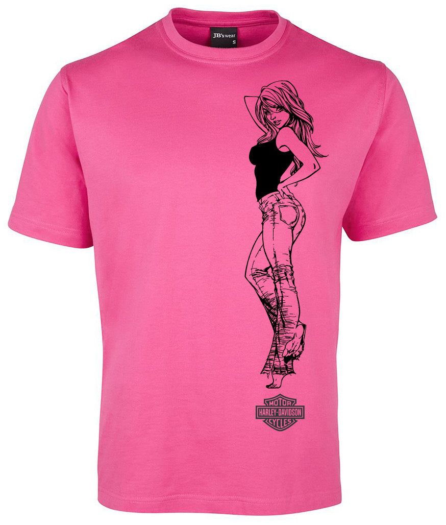 The HARLEY-DAVIDSON Pink Shirt by Corsa Clothing features a black outline of a confident woman and the Harley-Davidson Motor Cycles logo near the hem.