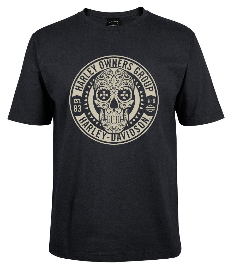 The Harley Owners Group Shirt by Corsa Clothing is a black tee with a circular beige emblem featuring a decorative skull and the text "Harley Owners Group Harley-Davidson Est. 83 H-D" around the design.