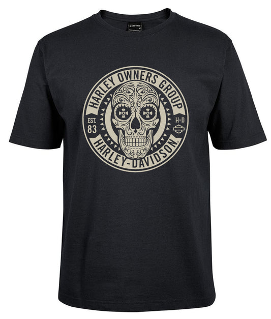 The Harley Owners Group Shirt by Corsa Clothing is a black tee with a circular beige emblem featuring a decorative skull and the text "Harley Owners Group Harley-Davidson Est. 83 H-D" around the design.