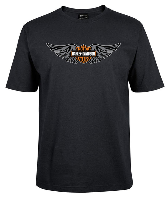 The Corsa Clothing Harley Wings Logo Shirt is a black tee with a Harley-Davidson logo in orange, black, and white, flanked by stylized wings on the chest.