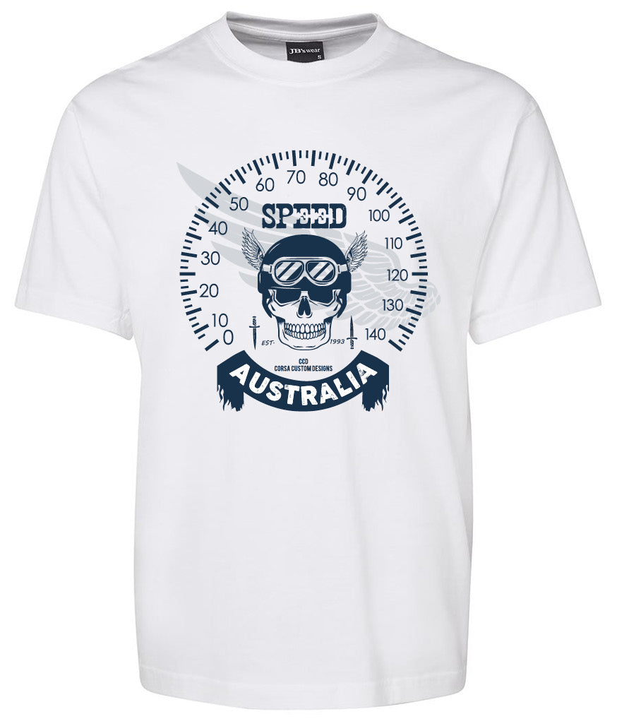 The Australia Speed Shirt by Corsa Clothing is a white tee featuring a skull with goggles and wings inside a speedometer, "Speed" above, and "Australia" below in bold letters.