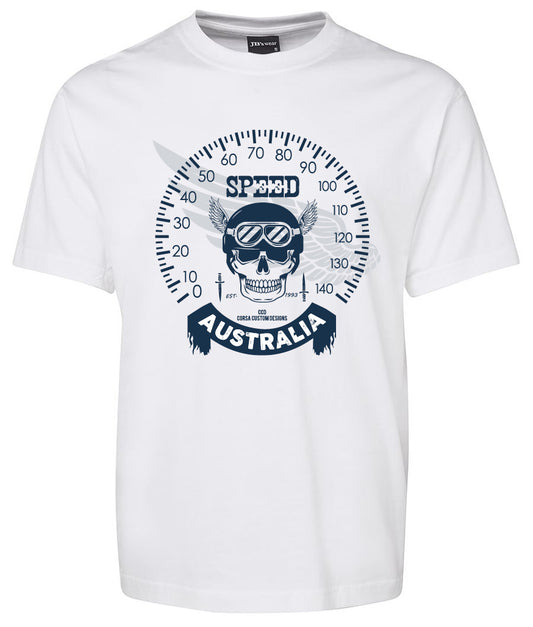 The Australia Speed Shirt by Corsa Clothing is a white tee featuring a skull with goggles and wings inside a speedometer, "Speed" above, and "Australia" below in bold letters.