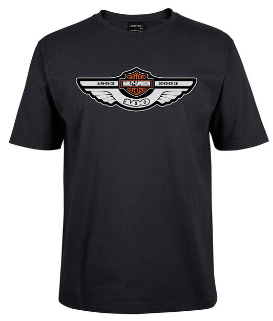 The Harley Wings 100 Years Shirt by Corsa Clothing is a black tee celebrating Harley-Davidson's centennial with winged logo and the years 1903–2003.