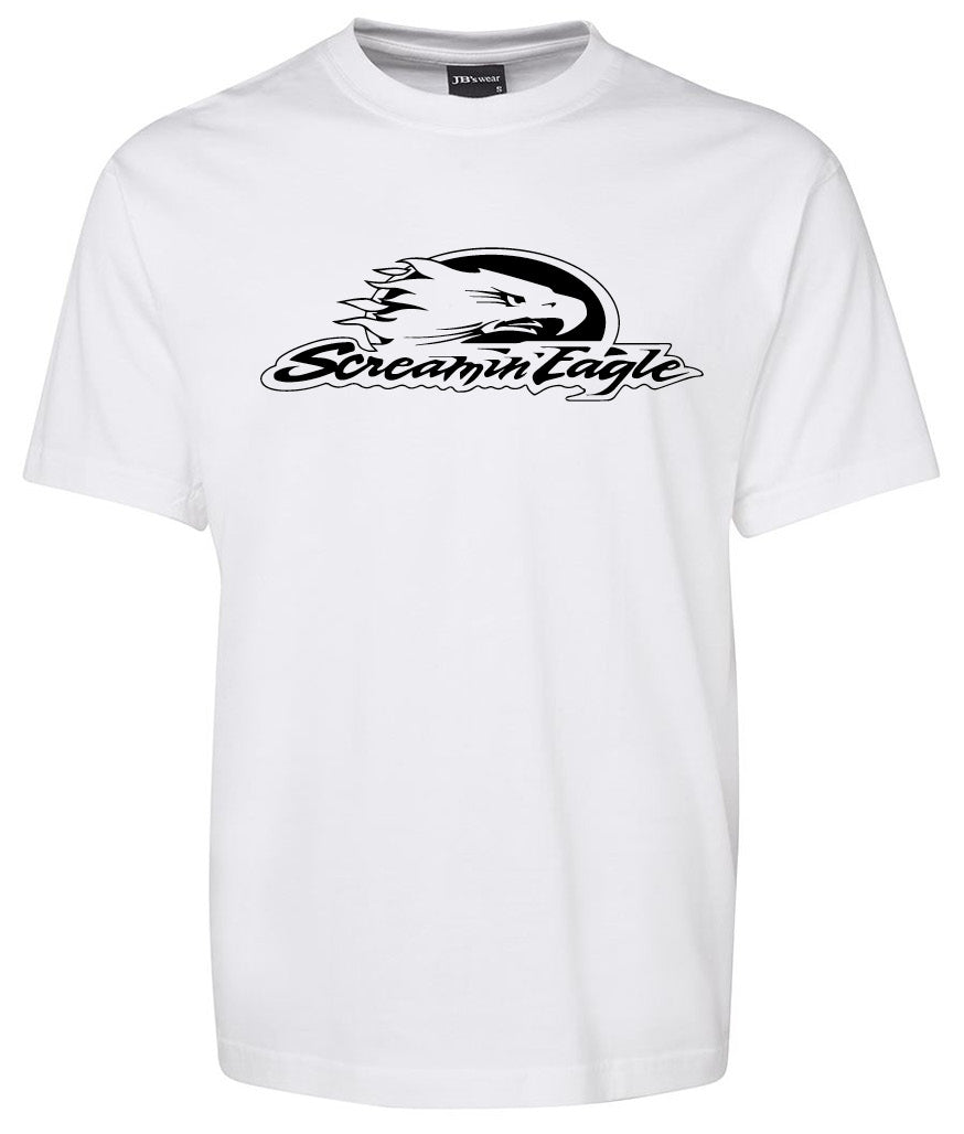 The Corsa Clothing Screamin' Eagle Shirt White features a black eagle head graphic in motion and bold "Screamin' Eagle" text across the chest.
