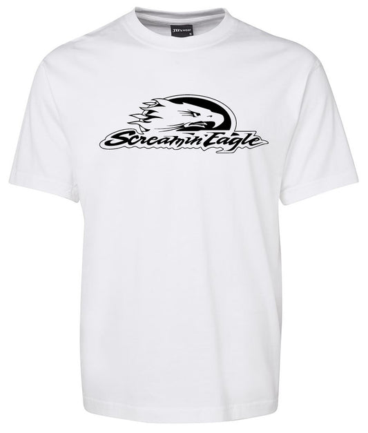 The Corsa Clothing Screamin' Eagle Shirt White features a black eagle head graphic in motion and bold "Screamin' Eagle" text across the chest.