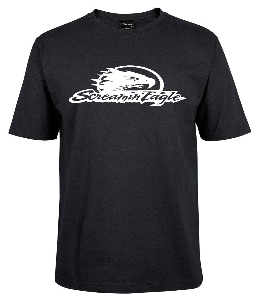 The Screamin' Eagle Shirt Black by Corsa Clothing features a white stylized eagle head above "Screamin’ Eagle" in bold cursive on the chest.