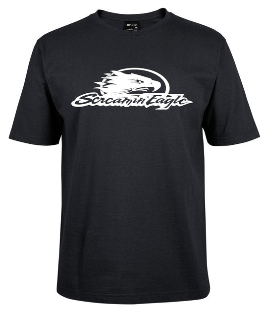 The Screamin' Eagle Shirt Black by Corsa Clothing features a white stylized eagle head above "Screamin’ Eagle" in bold cursive on the chest.