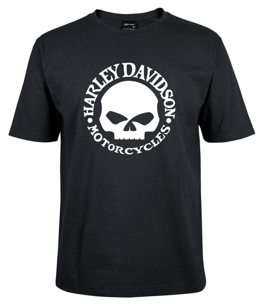The Corsa Clothing Harley-Davidson Willie G Skull Shirt is a black T-shirt with a central white skull graphic and bold, curved "Harley Davidson Motorcycles" text encircling it.