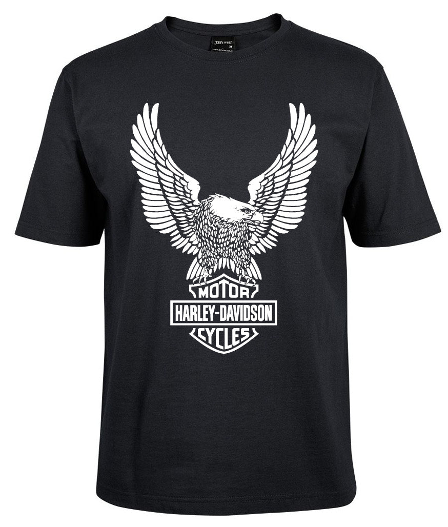 The Corsa Clothing Harley-Davidson Eagle shirt Black features a bold white eagle graphic with outstretched wings and the Harley-Davidson Motor Cycles logo on the front.
