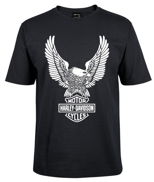 The Corsa Clothing Harley-Davidson Eagle shirt Black features a bold white eagle graphic with outstretched wings and the Harley-Davidson Motor Cycles logo on the front.