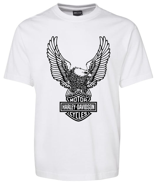 The Harley-Davidson Eagle shirt White by Corsa Clothing features a large black outline eagle with outstretched wings above the classic Harley-Davidson Motor Cycles logo on the front.