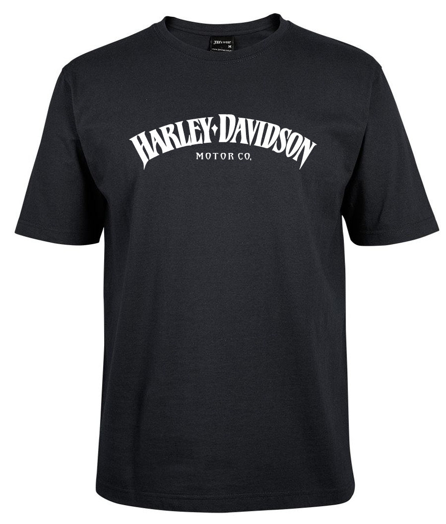 The Harley-Davidson Curved Shirt by Corsa Clothing is a black short-sleeve tee with "Harley-Davidson Motor Co." in white, arched text across the chest.
