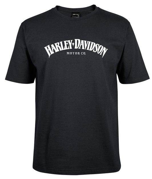 The Harley-Davidson Curved Shirt by Corsa Clothing is a black short-sleeve tee with "Harley-Davidson Motor Co." in white, arched text across the chest.
