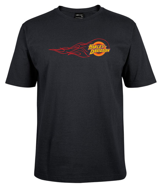 The Harley-Davidson Flame Logo Shirt by Corsa Clothing features a black design with a small logo and red-yellow flame graphic on the left chest.