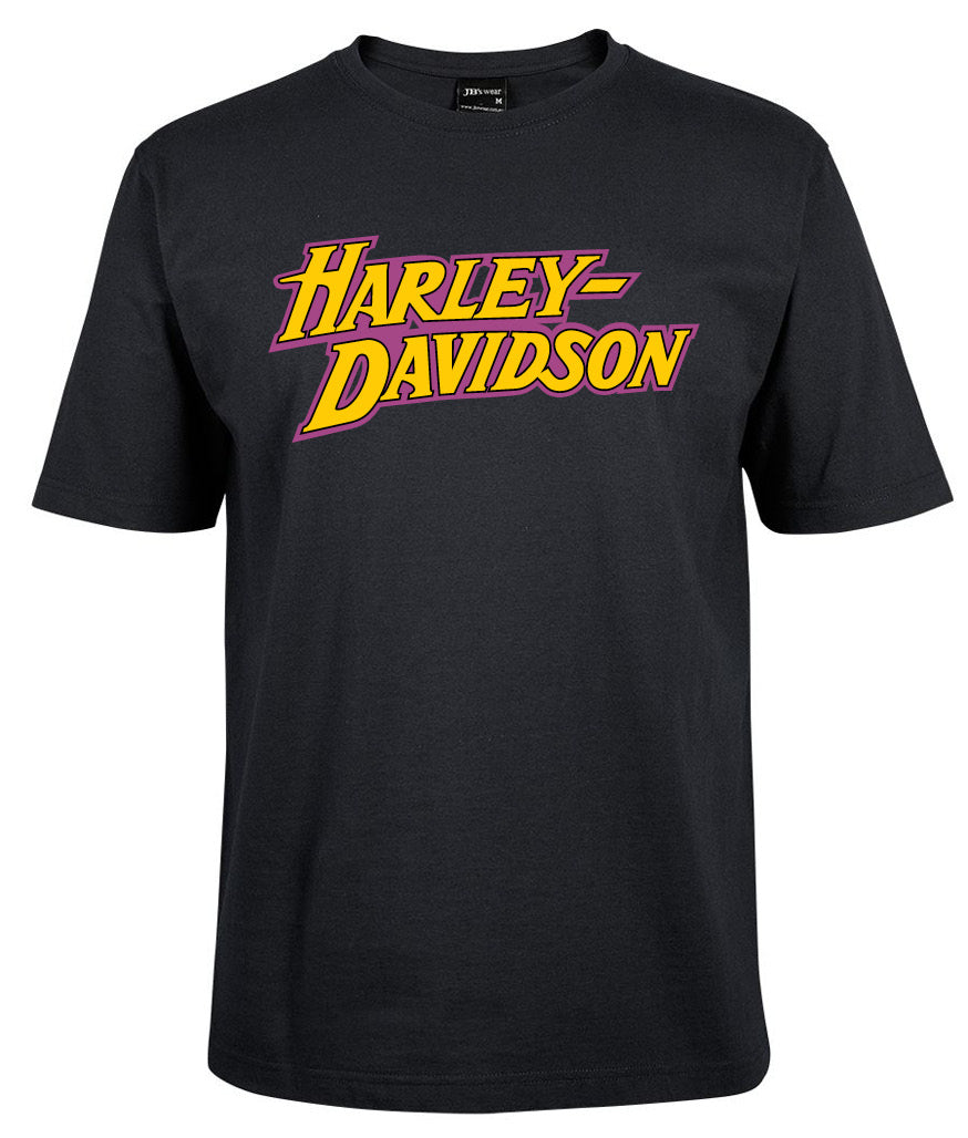 The Corsa Clothing Harley-Davidson Simple Brand Shirt is a black tee featuring "Harley-Davidson" in bold yellow and purple outlined letters across the chest.