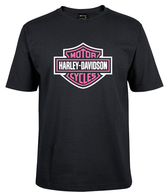 A black Corsa Clothing T-shirt with a purple, shield-shaped Harley-Davidson Bar & Shield logo with a white border and bold text on the chest.