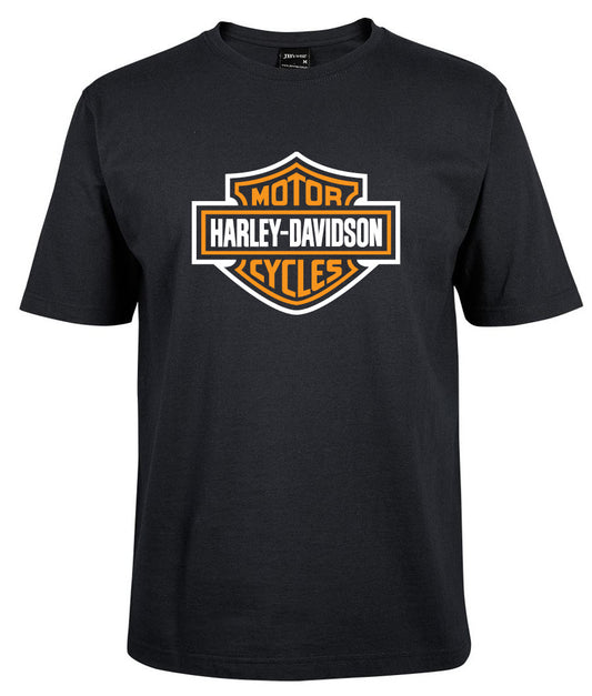 The Corsa Clothing Harley-Davidson Bar & Shield Shirt features the iconic logo in orange with a white border on the chest, all on a classic black T-shirt.