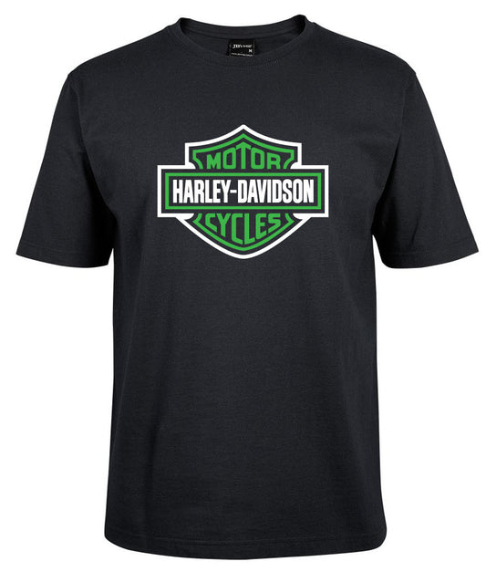 A black Corsa Clothing T-shirt with a green Harley-Davidson Bar & Shield logo, white border, on the chest.