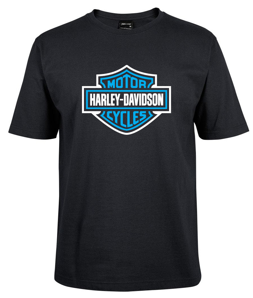 The Corsa Clothing Harley-Davidson Bar & Shield Shirt features a black base with a blue logo and white border emblazoned on the chest.