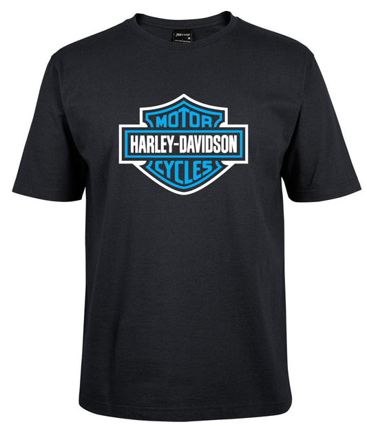 The Corsa Clothing Harley-Davidson Bar & Shield Shirt features a black base with a blue logo and white border emblazoned on the chest.