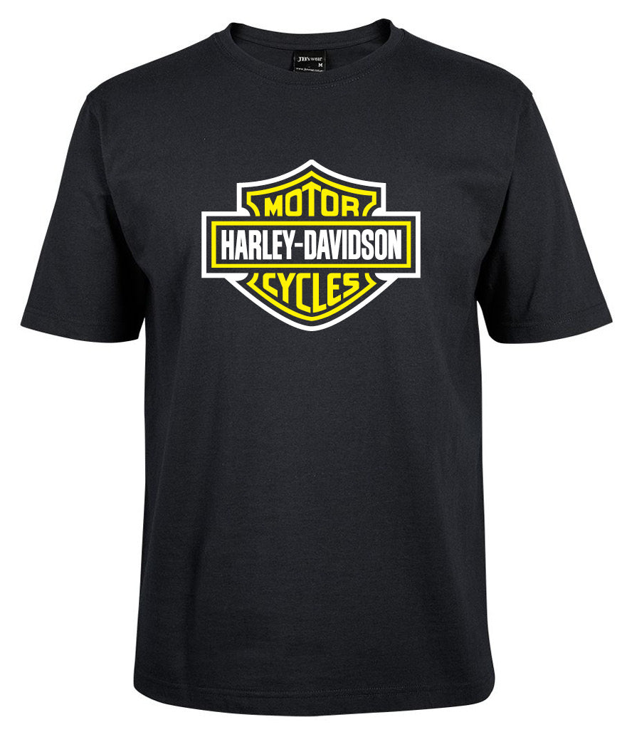 A black Corsa Clothing T-shirt featuring the Harley-Davidson Bar & Shield logo in lime yellow with a white border on the chest.