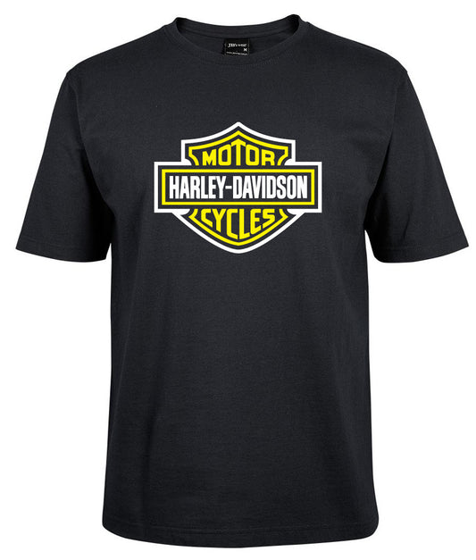A black Corsa Clothing T-shirt featuring the Harley-Davidson Bar & Shield logo in lime yellow with a white border on the chest.