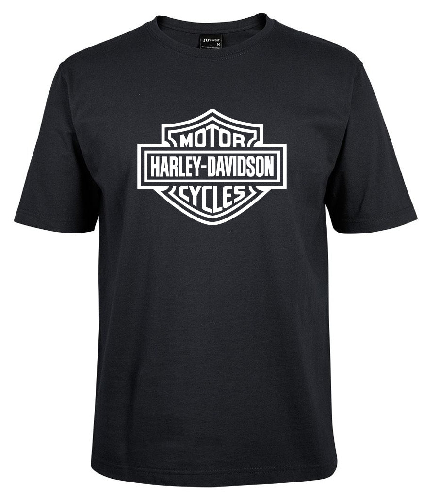 The Corsa Clothing Harley-Davidson Bar & Shield Shirt White Border is a black tee with a bold white-bordered Harley-Davidson logo on the front center.