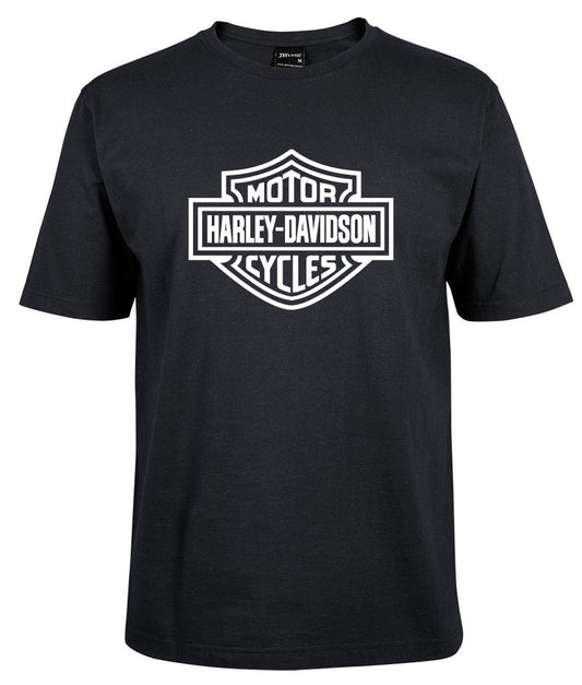 The Corsa Clothing Harley-Davidson Bar & Shield Shirt White Border is a black tee with a bold white-bordered Harley-Davidson logo on the front center.