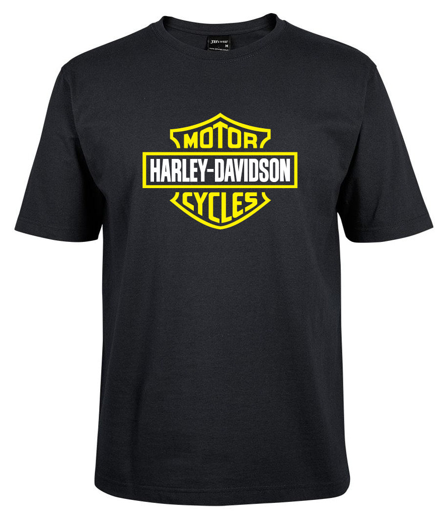 The Corsa Clothing Harley-Davidson Bar & Shield Shirt Lime Yellow is a black tee with a yellow and white Harley-Davidson Motor Cycles logo on the front.