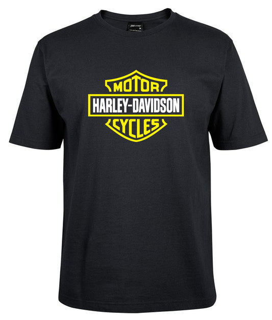 The Corsa Clothing Harley-Davidson Bar & Shield Shirt Lime Yellow is a black tee with a yellow and white Harley-Davidson Motor Cycles logo on the front.